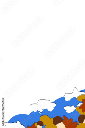 Stylish flat illustration frame with stylized white clouds, vibrant blue sky, and abstract shapes representing mushrooms amid autumn foliage in warm earthy tones