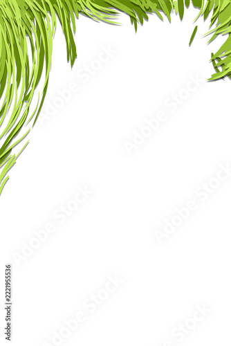 Elegant organic frame with flowing green foliage and dynamic leafy strands in varying shades of lime and olive, stylized plant border with negative space center, paper-cut inspired illustration 