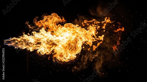 A powerful jet of bright orange flames erupting from a nozzle against a dark background in horizontal orientation with incandescence
