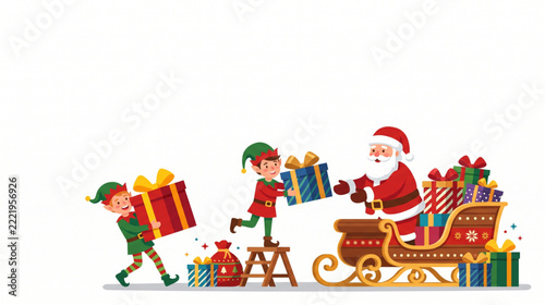 Santa Claus in Sleigh with Elves Loading Colorful Christmas Gift Boxes Illustration