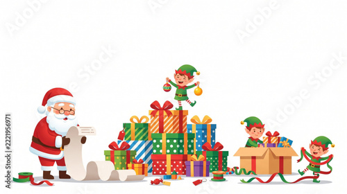 Festive Santa Claus and Joyful Elves Preparing Colorful Christmas Presents and Holiday Decorations