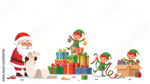 Santa Claus reading long wish list with elves packing Christmas gifts