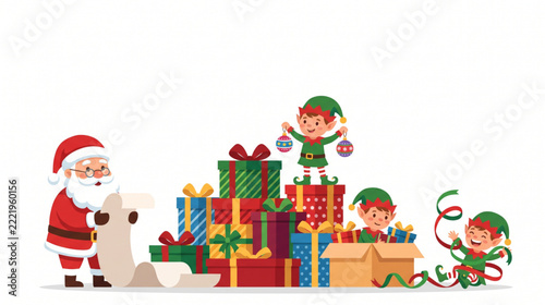 Santa Claus and Helpful Christmas Elves Preparing Festive Gift Boxes and Holiday Presents