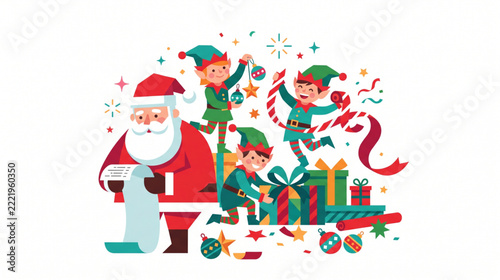 Santa Claus and Christmas Elves Preparing Presents and Reading Wish List Illustration