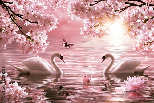 Two white swans swimming gracefully in a pink lake surrounded by cherry blossom trees and butterflies