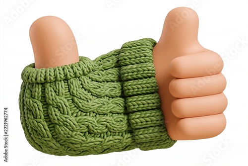 Cartoon 3d hand giving a thumbs up wearing a green knitted woolen winter glove