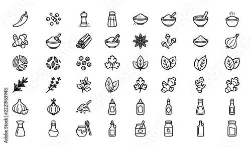 Spice and seasoning line icon set with chili pepper, peppercorn, salt shaker, cinnamon, star anise, clove, ginger, garlic, herbs, honey and sauce bottles