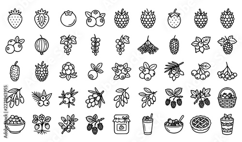 Berry line icon set with strawberry, raspberry, blueberry, blackberry, currant, gooseberry, cranberry, goji, sea buckthorn, jam, smoothie and pie