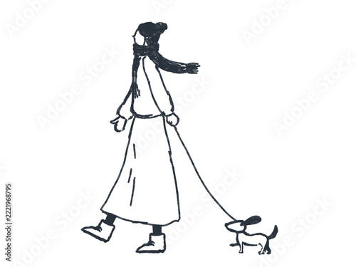 犬の散歩をする女性の線画イラスト