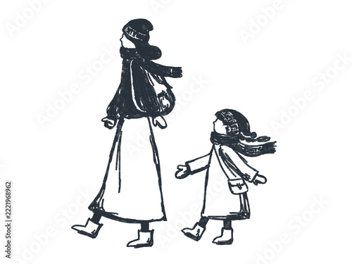 冬の装いで歩く親子のイラスト