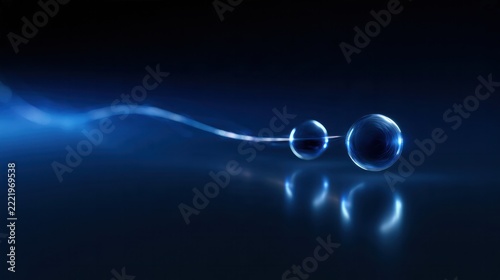 Abstract Blue Orb Journey: A sleek, abstract composition featuring three luminous blue orbs gliding across a dark, reflective surface, trailed by a wispy trail of light.