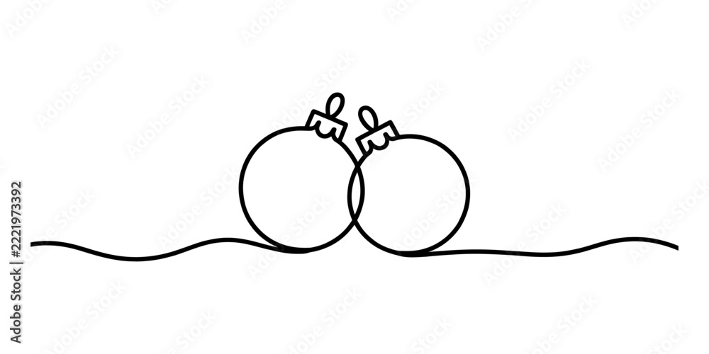 Fototapeta premium Continuous line drawing of two simple christmas ornaments hanging on a string