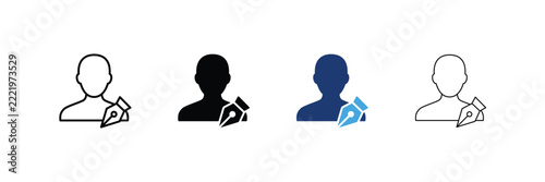 Guest author icon set. User profile avatar with fountain pen nib Icons. Outline, Glyph, two-tone and editable stroke vector illustration.