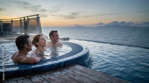 Three smiling middle-aged adults relaxing in a steaming outdoor hot tub on a cruise ship deck at sunset, overlooking the ocean with an adjacent infinity pool and distant land.
