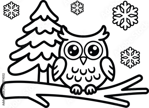 Cute owl illustration sitting on wooden tree branch with snowflakes winter season graphic design for kids coloring activity.