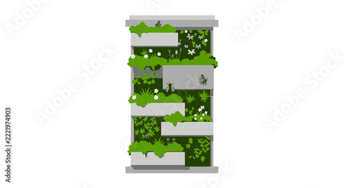Vertical Garden Wall with Modular Planters and Green Plants Illustration for Sustainable Urban Living