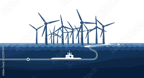 Offshore Wind Farm Illustration with Submarine and Underwater Power Cables, Renewable Energy and Blue Economy Vector Concept