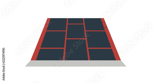 Abstract 3D Render of a Solar Panel Grid or Futuristic Floor Platform with Red Lines and Dark Blue Panels on a Clean White Background