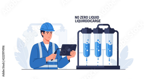 Engineer Monitoring Zero Liquid Discharge Water Treatment System in Textile Factory, Sustainable Wastewater Management Illustration