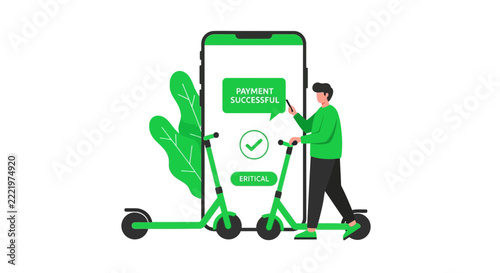 Electric Scooter Rental via Mobile App Flat Vector Illustration - Eco-Friendly Urban Micro-mobility Concept