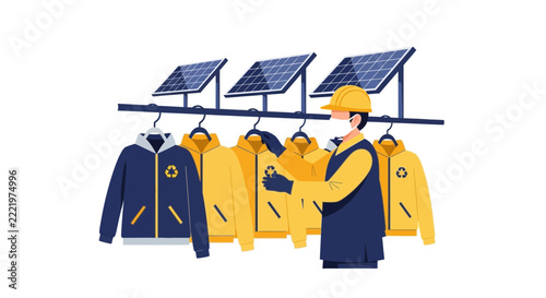 Sustainable Fashion Manufacturing: Worker Inspecting Recycled Clothing on Rack under Solar Panels. Eco-Friendly Textile Industry and Green Energy Concept.