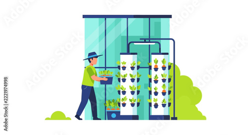 Modern Hydroponic Vertical Farming Vector Illustration of a Farmer Working in a Sustainable Greenhouse with Aeroponic Technology and Organic Plants