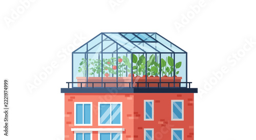 Urban Agriculture Concept: Flat Vector Illustration of a Greenhouse on an Apartment Building Roof with Growing Plants and Tomatoes