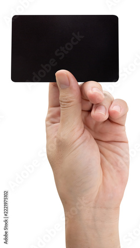 Man hand hold black credit card isolated on white background with a clipping path.