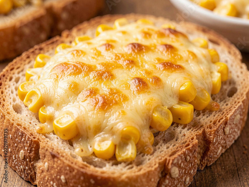 tasty bread with cheese spread on wooden background, closeup