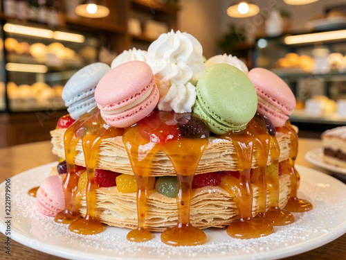 colorful sweet french macaroon cake with whipped cream