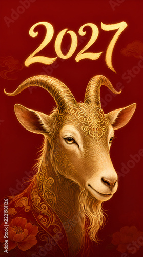 Traditional Chinese New Year 2027 Illustration with Hand-Drawn Golden Goat Head and Large Stylish 2027 Typography on Rich Red Silk Background, Premium Design for Red Envelopes and Holiday Cards