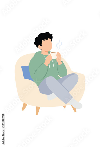 Adult Person Relaxing with a Cup of Tea Isolated on White Background