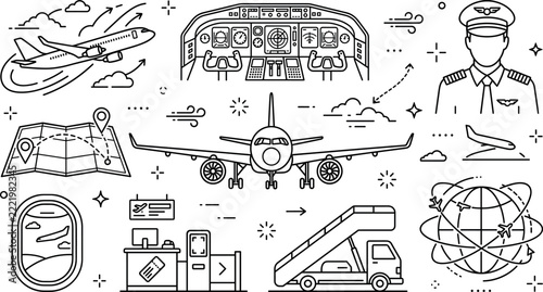Aviation commercial airplane flight line icon vector set featuring cockpit pilot captain navigation route map globe and stairs truck