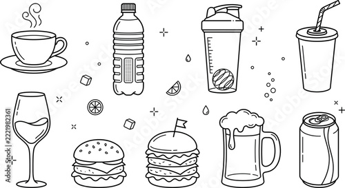 Beverage and fast food menu line icons set featuring coffee bottle shaker soda wine burger beer and can
