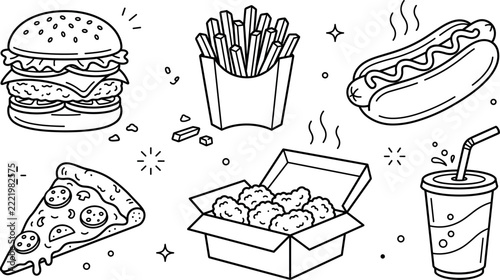 Fast food and junk food restaurant line icon vector set featuring burger french fries pizza box chicken and soda