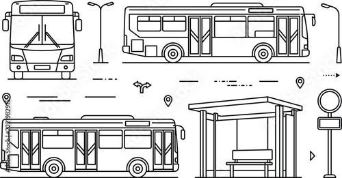 Minimalist city bus transportation vector line art set with front side views station shelter streetlights and map pins