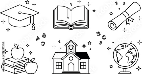 Minimalist school education line icon vector set featuring graduation cap book diploma building apples globe and spark elements