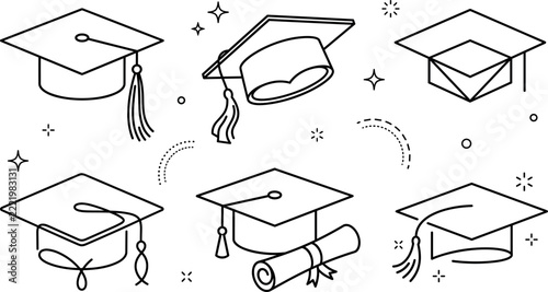 Academic graduation cap and mortarboard line icons set featuring various university hats diploma scroll and student ceremony elements
