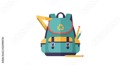 Eco-Friendly School Backpack Illustration with Recycle Symbol and Stationery Supplies on White Background