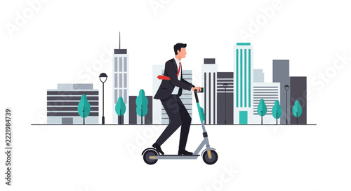 Businessman riding electric scooter in the city for urban commute, eco-friendly transportation concept flat vector illustration