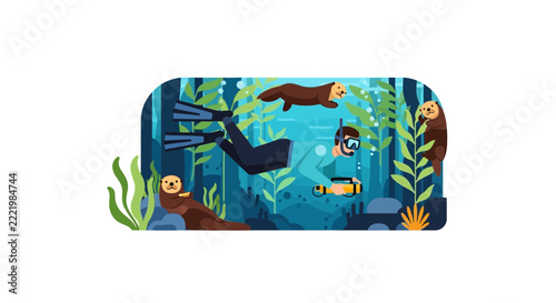 Flat Vector Illustration of a Scuba Diver Exploring a Kelp Forest with Sea Otters Underwater