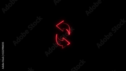 Glowing red neon refresh animation, rotating circular arrows sign for ui and digital interface reload