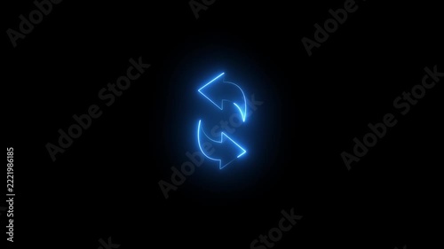 Neon blue refresh animation, glowing circular arrows loading symbol for ui digital interface on black background