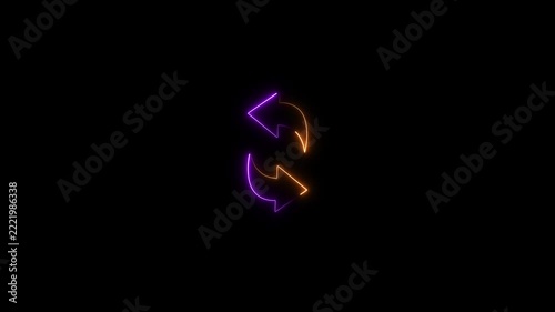 Neon glowing refresh animation, rotating circular arrows sign for ui and web digital loading symbol on black background