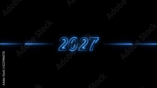 2027 neon glowing text animation with pulsing light lines on black background, for new year, countdown and future, technology concepts
