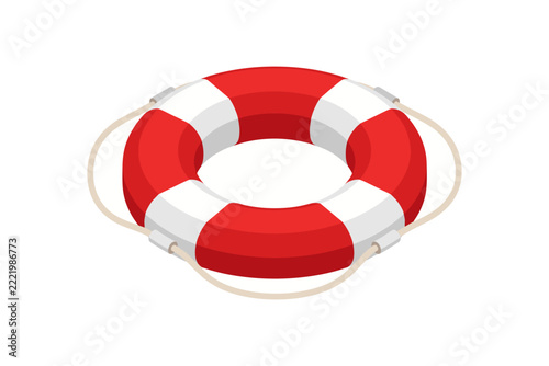 marine safety life buoy icon vector with four contrasting sections and a simple rope detail, isometric perspective, bold solid red and white colors, rounded geometric shapes, clean edges, minimal deta