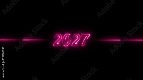 2027 neon pink glowing text animation on black background, for new year, celebration and futuristic, digital countdown