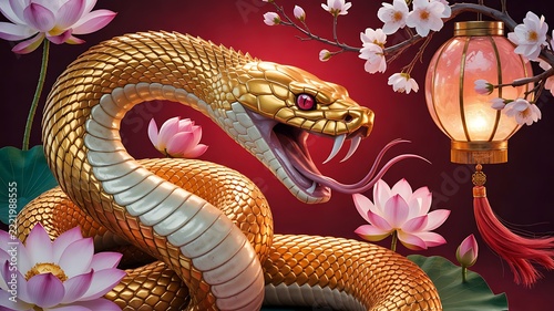 Golden serpent surrounded by pink lotus flowers and glowing lanterns in an elegant oriental fantasy setting