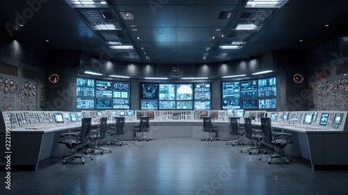 Control Room Panorama: A modern, high-tech control room filled with rows of computer monitors displaying complex data and surveillance feeds.