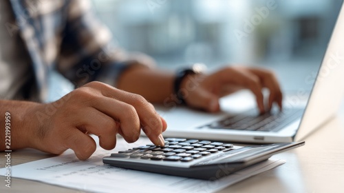 Calculating Business Growth: A close-up shot of a person's hands using a calculator and typing on a laptop, symbolizing financial planning and business analysis.